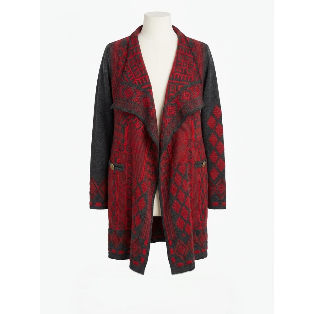 Johnny Was Biya Embroidered Knit Jacket XS Red Black Boho Artwear Bell Sleeve
